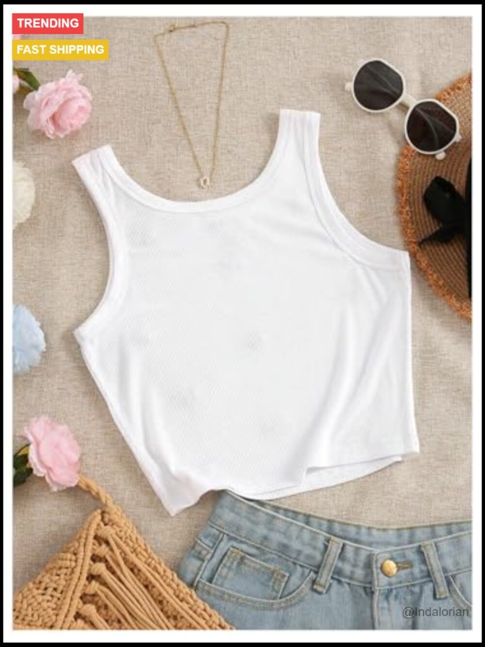 Embroidered Ribbed Crop Tank Top - Sleeveless Crewneck Summer Top - Picture 2 of 5